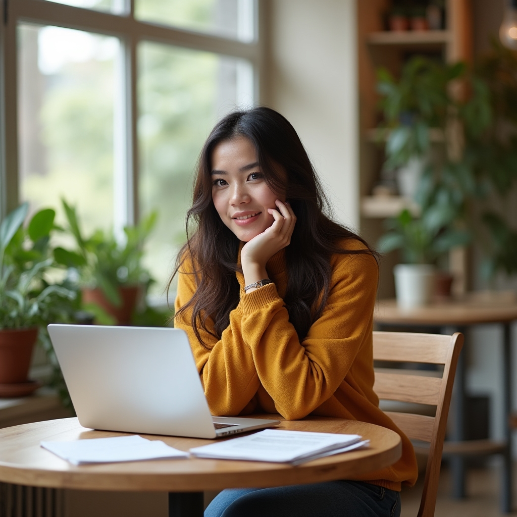Femeie freelancer lucrând la laptop într-o cafenea, gânditoare, cu documente financiare pe masă
