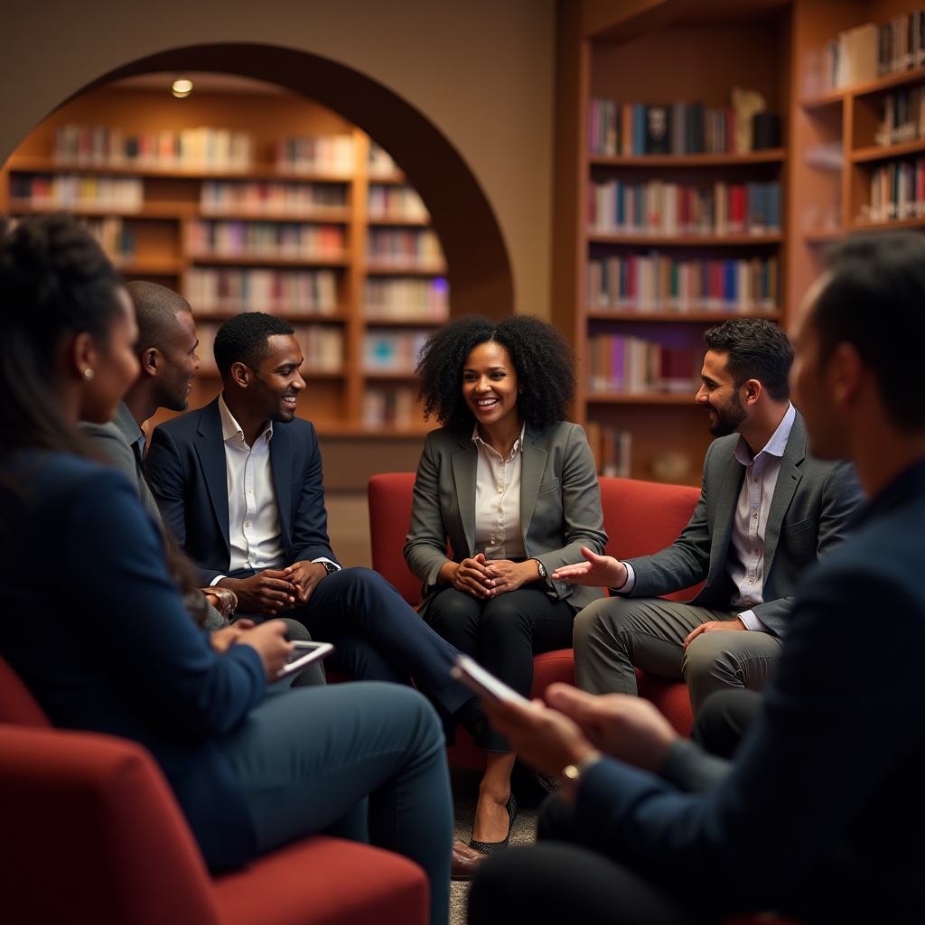 Grup de profesioniști adulți discutând relaxat în cerc, seara, într-o bibliotecă cu lumină caldă